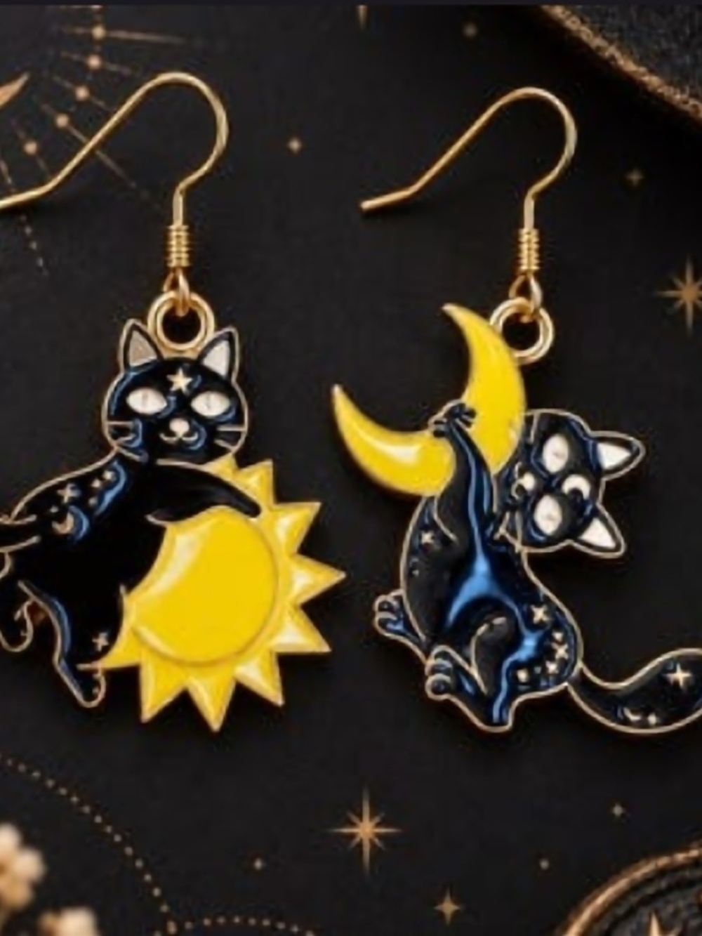 Celestial Cat Sun & Moon Enamel Drop Earrings - Yellow & Black